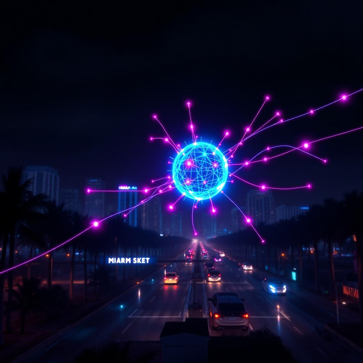 Neural network glowing over a neon Miami cityscape